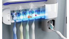 Suport pentru periute de dinti 3 in 1, sterilizator antibacterian cu lumina ultraviolete, suport 4 periute si dispenser pasta de dinti