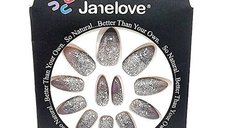 Set 12 Unghii False Degrade cu Sclipici Gri de la Janelove