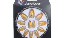 Set 12 Unghii False Degrade cu Sclipici Janelove Galben