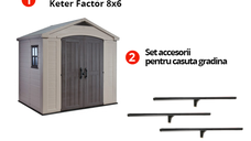 Pachet Casuta gradina Keter Factor 8x6 cu usa dubla + Set accesorii pentru casuta gradina Keter Factor