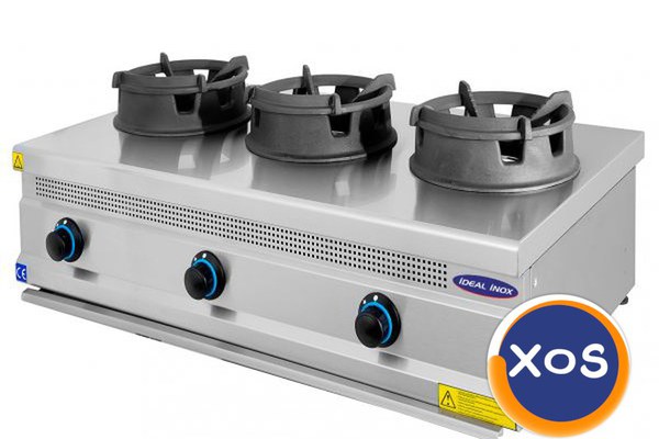 Aragaz tip wok, Ideal Inox, 3 focuri, suport vesela din fonta, GPL